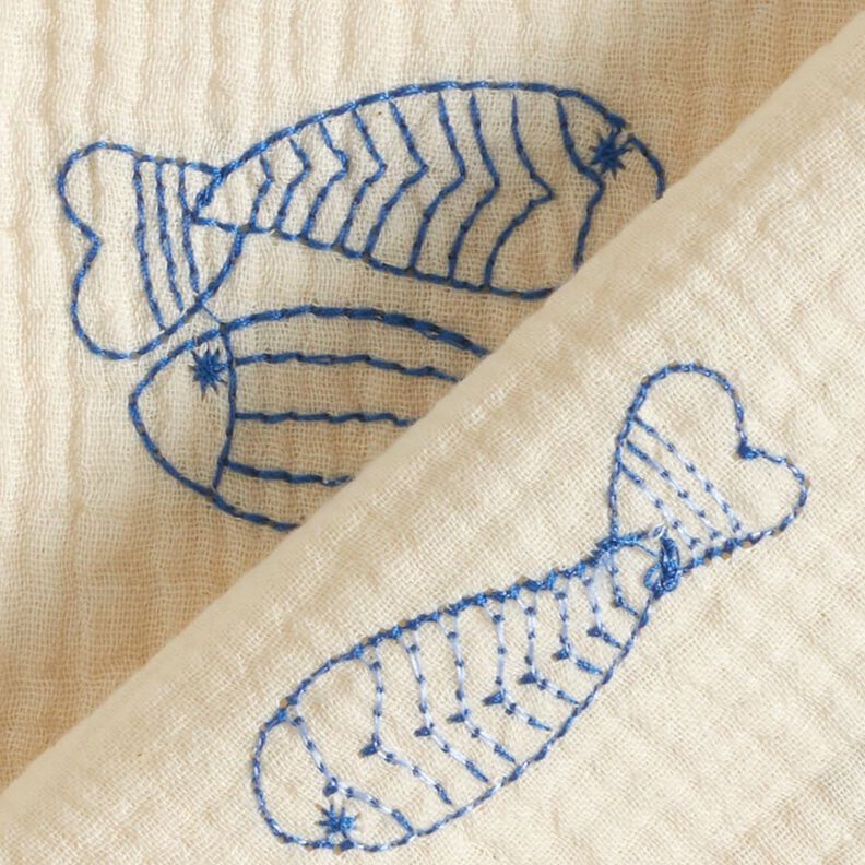 Mušelín / dvojitá mačkaná tkanina vyšívané ryby | Poppy Fabrics – vlněná bílá/královská modr,  image number 4