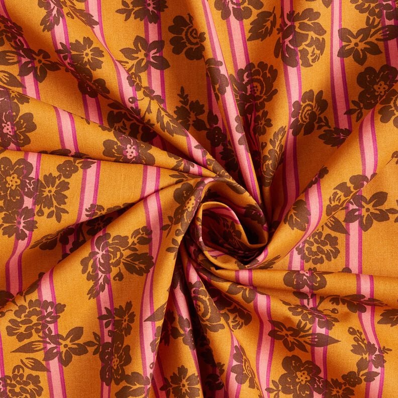Bavlněná látka Kreton Květiny na proužcích – kari žlutá/purpurová,  image number 3