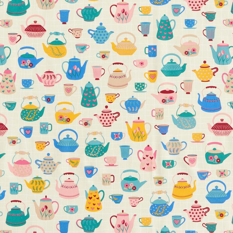 Dekorační látka Polopanama Čajové konvice – světle béžová/modrá,  image number 1