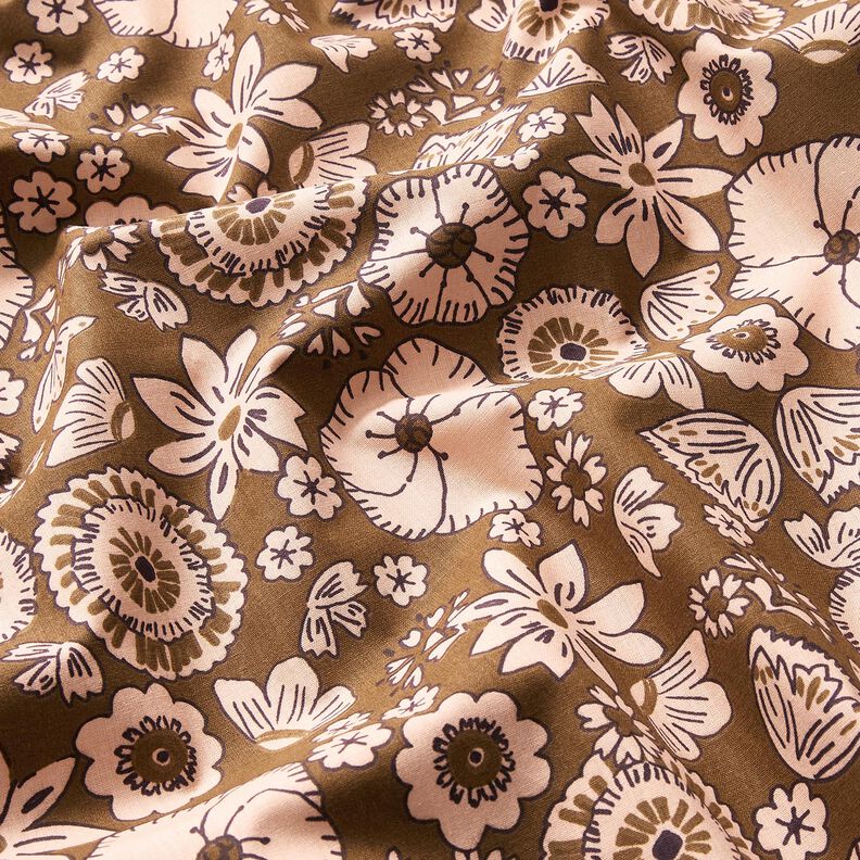 Bavlněná látka Kreton Retro květiny – olivová/rose,  image number 2