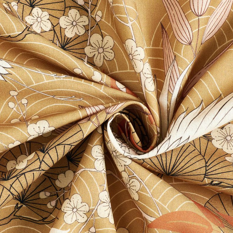 Dekorační látka Plátno Umělečtí jeřáby – hořčicove žlutá/slonová kost,  image number 3