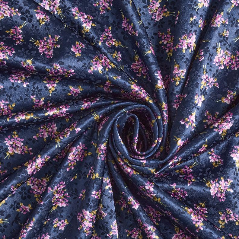 Strečový satén Žakár Kytice květin – namornicka modr,  image number 3