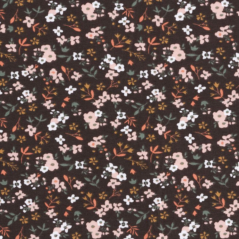 Bavlněný žerzej Vzor millefleurs (drobné kvítky) – černohnědá, image number 1