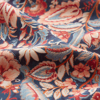 Viskózová tkanina Paisley květiny – namornicka modr/broskvově oranžová, 