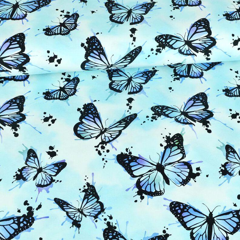 Bavlněný žerzej Motýlí stříkance | Glitzerpüppi – ledově modrá,  image number 2