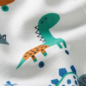 Dekorační látka Polopanama Dinosauři na bruslích – stříbrně šedá/máta peprná, 