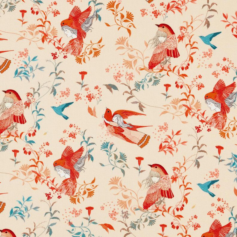 Viskózová látka LENZING™ ECOVERO™ Ptáci a víly | Katia Fabrics – kremová/ohnivě červená, image number 1