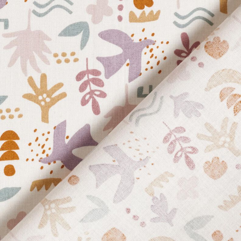 Bavlněná látka Kreton Abstraktní ptáci – vlněná bílá/pastelově fialová,  image number 4