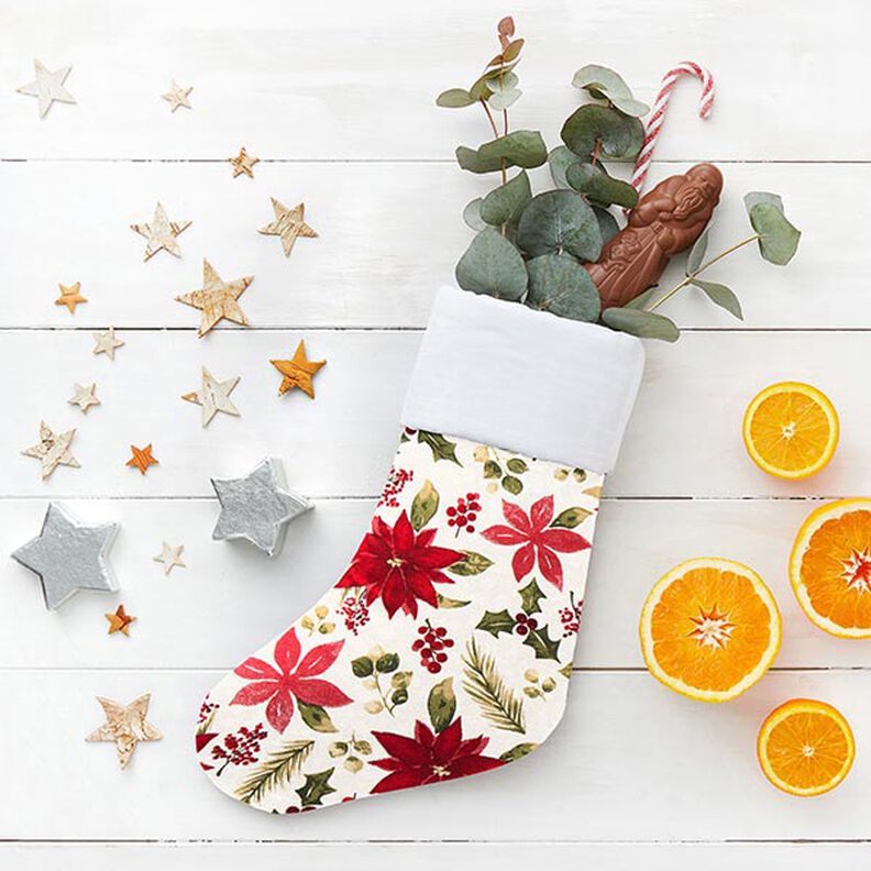 Dekorační látka Plátno Květiny poinsettie – vlněná bílá/karmínově červená,  image number 6