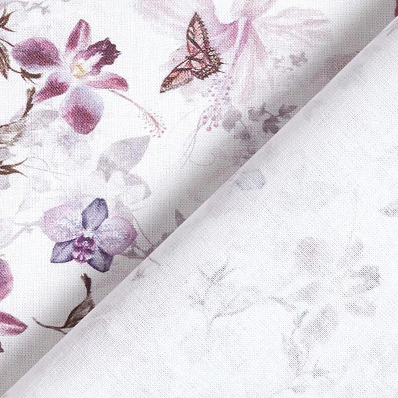 Dekorační látka Bavlněný popelín Motýli a orchideje – pastelově fialová,  image number 4