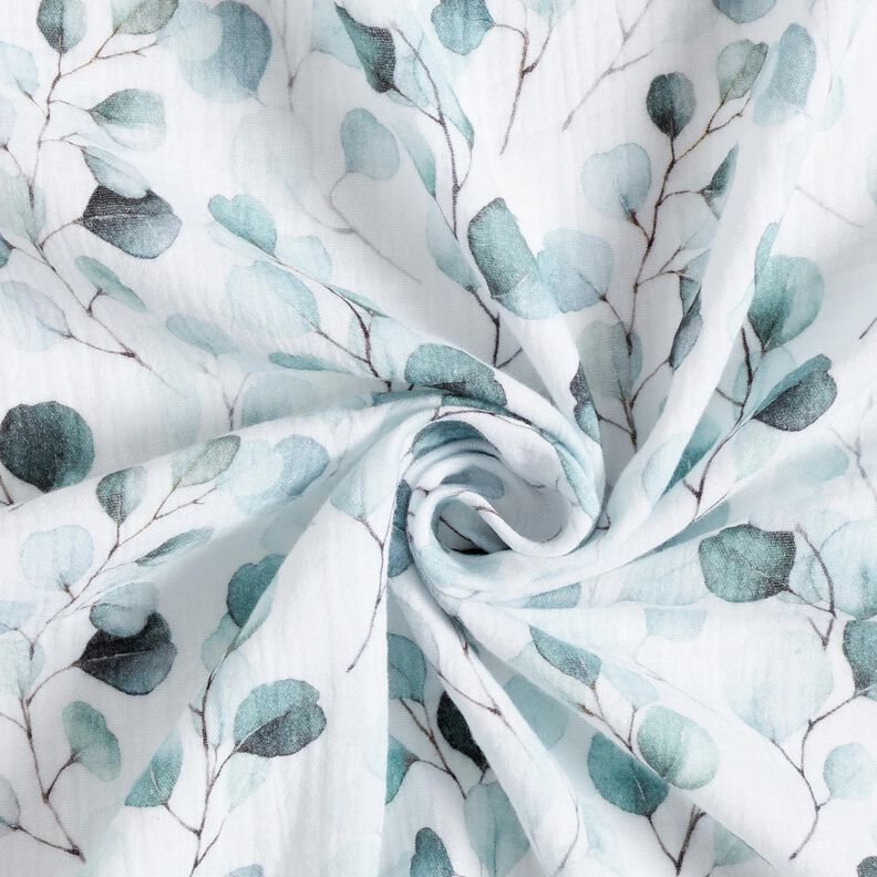 Mušelín / dvojitá mačkaná tkanina Akvarel eukalyptové révy digitální potisk – bílá,  image number 3