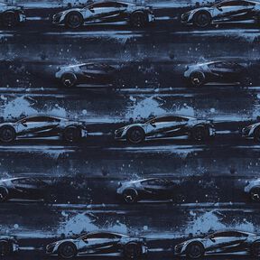 Bavlněný žerzej Závodní auto digitální potisk – černomodrá, 