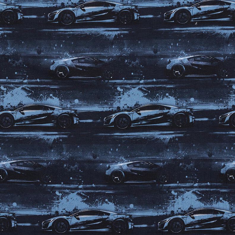 Bavlněný žerzej Závodní auto digitální potisk – černomodrá,  image number 1