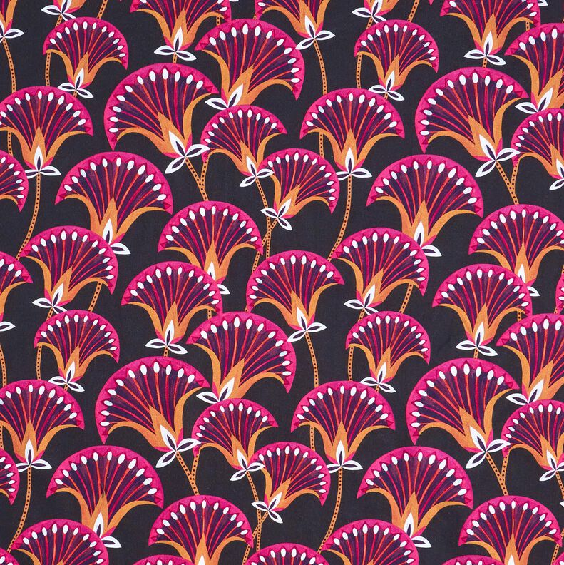 Dekorační látka Plátno Květinové vějíře – černá/pink,  image number 1