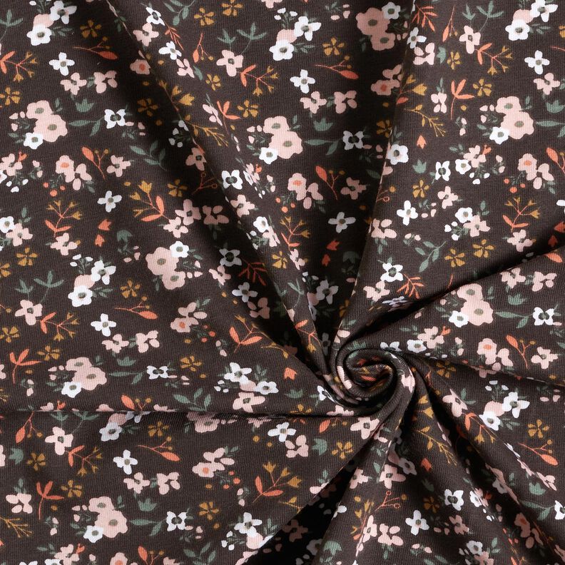 Bavlněný žerzej Vzor millefleurs (drobné kvítky) – černohnědá, image number 3