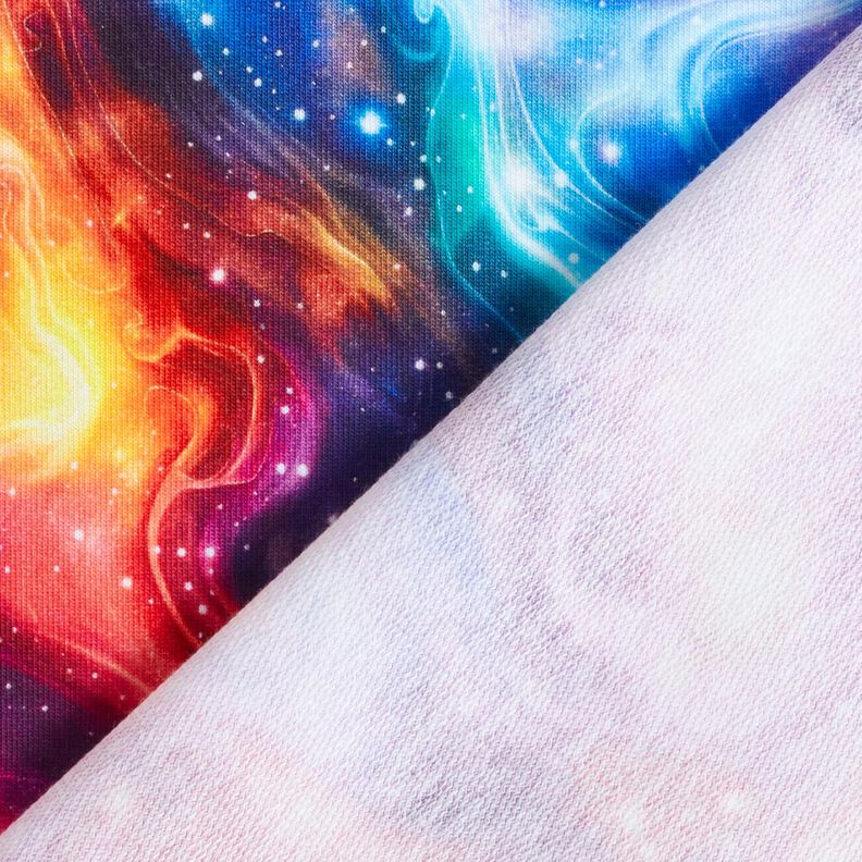 Francouzské froté letní teplákovina Galaxie digitální potisk – modrofialková/ohnivě červená, image number 4