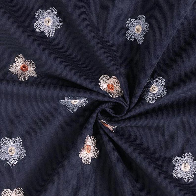 Babycord vyšívané květiny – noční modrá,  image number 3