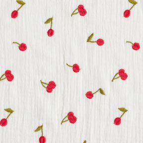 Mušelín / dvojitá mačkaná tkanina vyšívané třešně | Poppy Fabrics – bílá/ohnivě červená, 