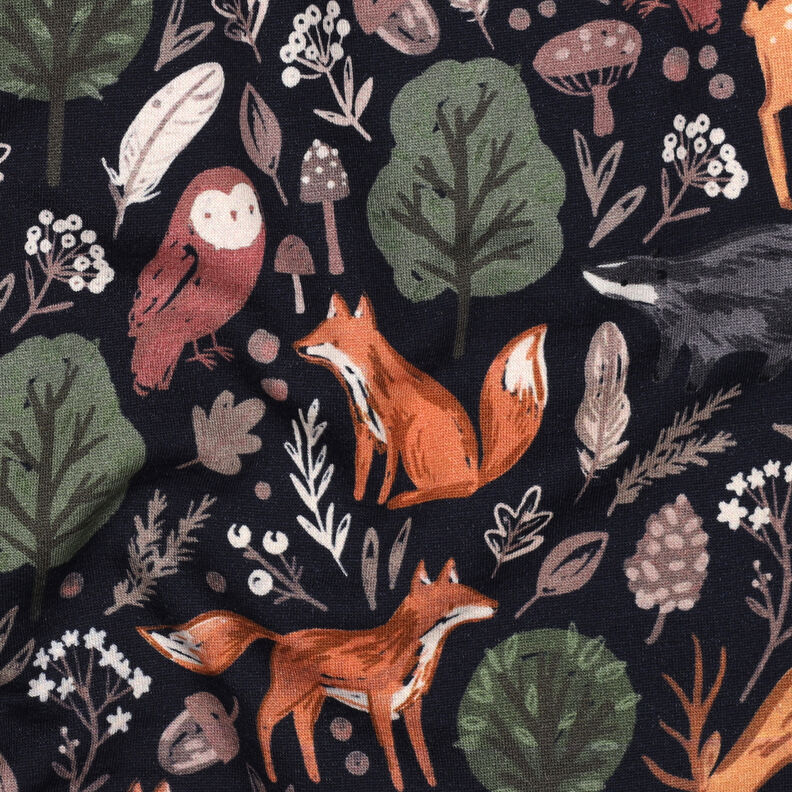 Teplákovina počesaná Zvířátka v lese digitální potisk | Poppy Fabrics – noční modrá,  image number 2