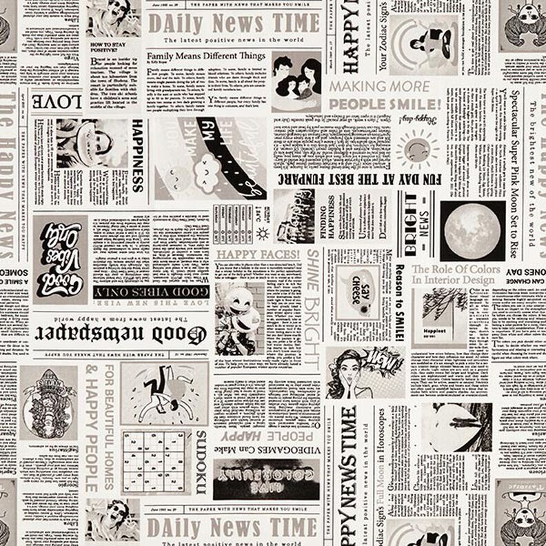 Dekorační látka Polopanama Retro noviny – bílá/černá,  image number 1
