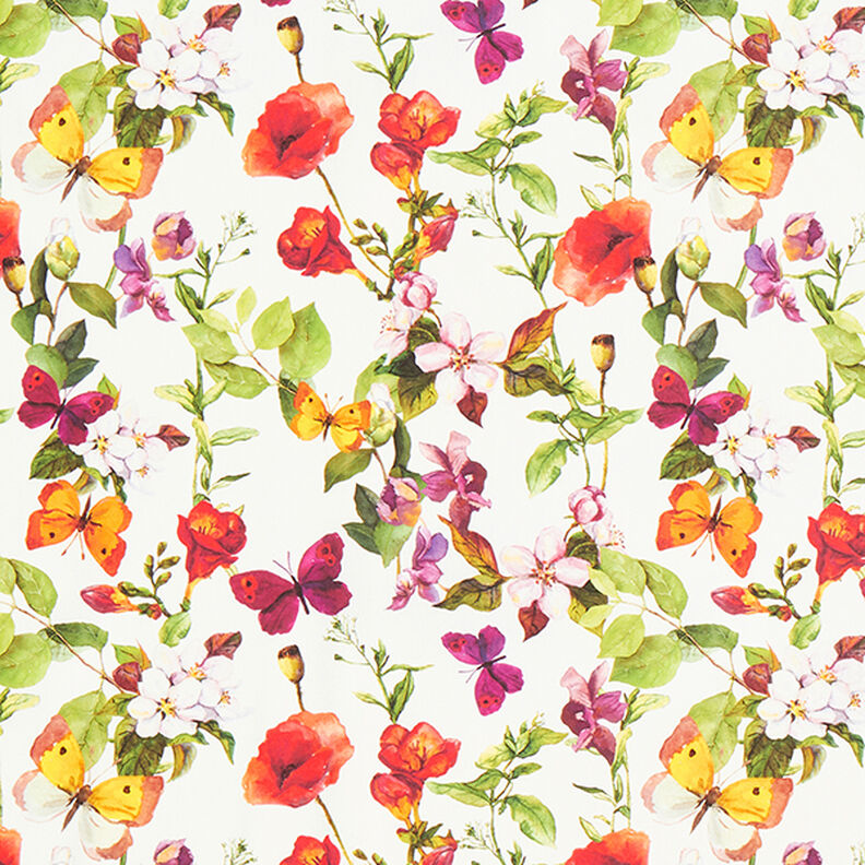 Látka pro venkovní použití Plátno Květy a motýli – bílá/světle fialova,  image number 1