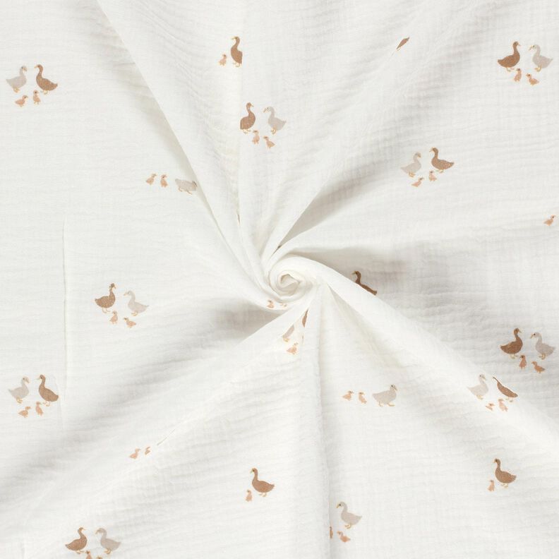 Mušelín / dvojitá mačkaná tkanina Kachní rodinka – vlněná bílá/přírodni,  image number 3