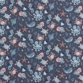 Bavlněný žerzej roztomilá mořská stvoření digitální potisk | Poppy Fabrics – noční modrá, 