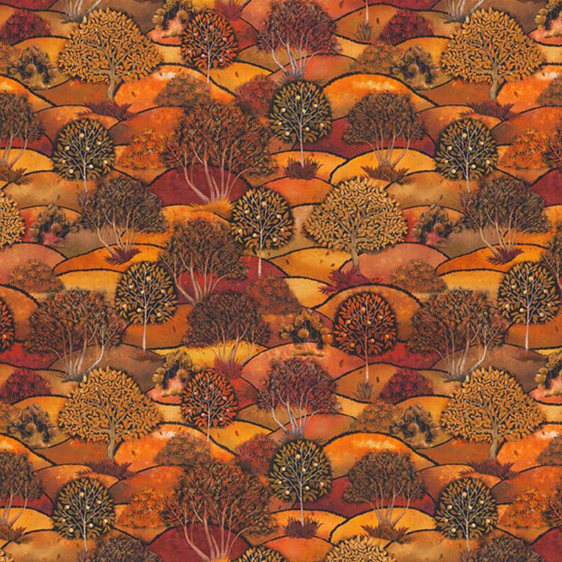 Dekorační látka polopanama s digitálním potiskem Krajina na podzim – bronzová/oranžová,  image number 1