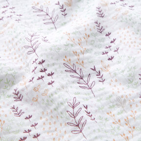 Mušelín / dvojitá mačkaná tkanina Listové úponky – bílá/barva lilku, 