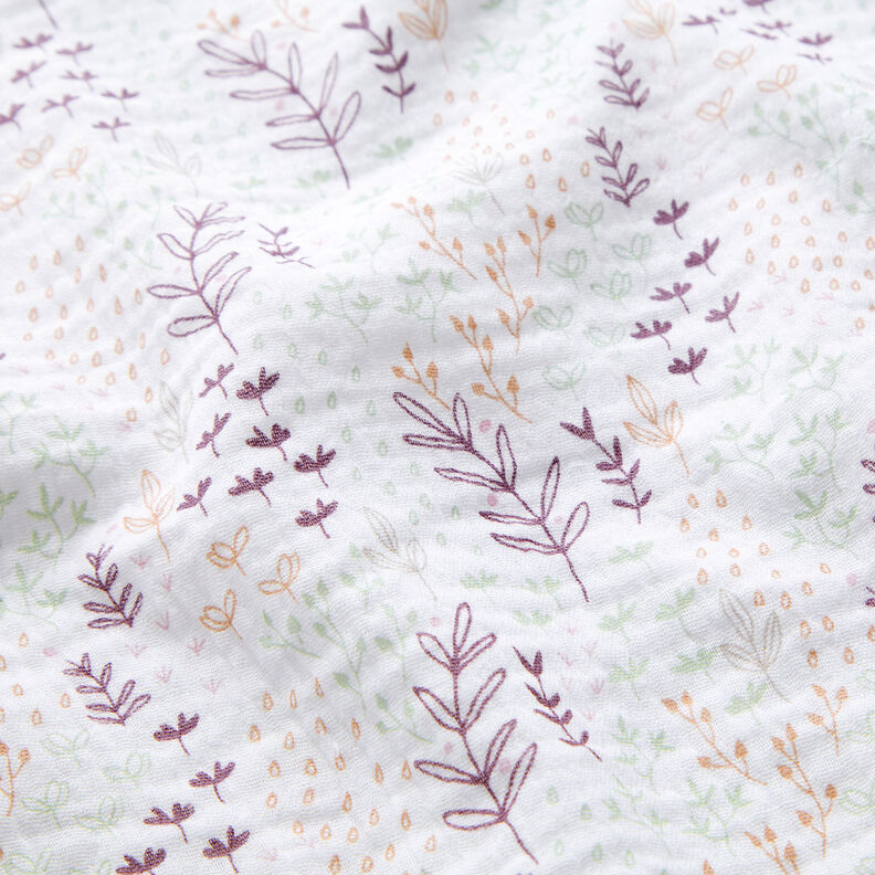 Mušelín / dvojitá mačkaná tkanina Listové úponky – bílá/barva lilku,  image number 2