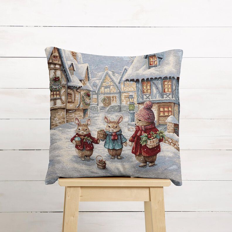 Dekorační panel Gobelín Vánoční zajíčci – světle modra/karmínově červená,  image number 5