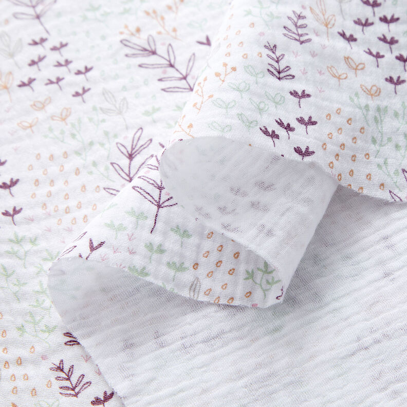 Mušelín / dvojitá mačkaná tkanina Listové úponky – bílá/barva lilku,  image number 3