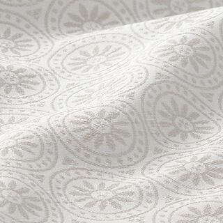 Látka pro venkovní použití Žakár Kruhové ornamenty – světle šedá/vlněná bílá, 