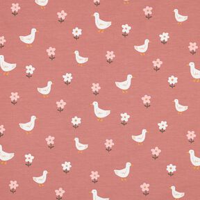 Bavlněný žerzej Husy na květinové louce | Poppy Fabrics – tmavě starorůžová/bílá, 