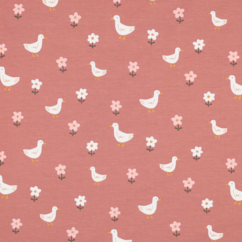 Bavlněný žerzej Husy na květinové louce | Poppy Fabrics – tmavě starorůžová/bílá,  image number 1
