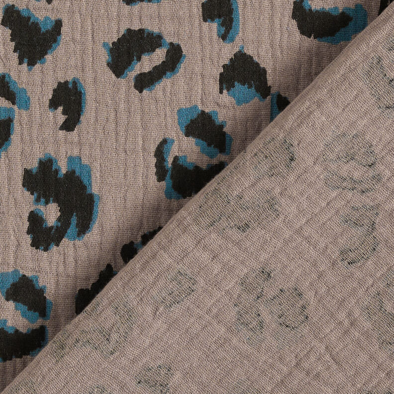 Mušelín / dvojitá mačkaná tkanina Leopard – taupe (šedohnědá)/petrolejová,  image number 4