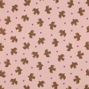 GOTS Mušelín / dvojitá mačkaná tkanina Ptáci a srdce | Poppy Fabrics – starorůžová, 