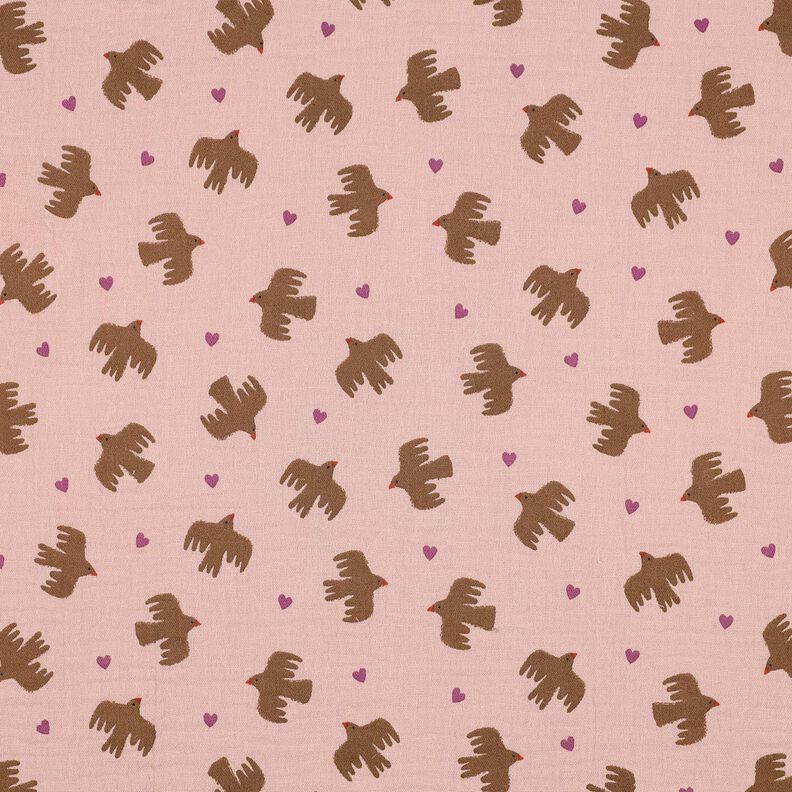 GOTS Mušelín / dvojitá mačkaná tkanina Ptáci a srdce | Poppy Fabrics – starorůžová,  image number 1