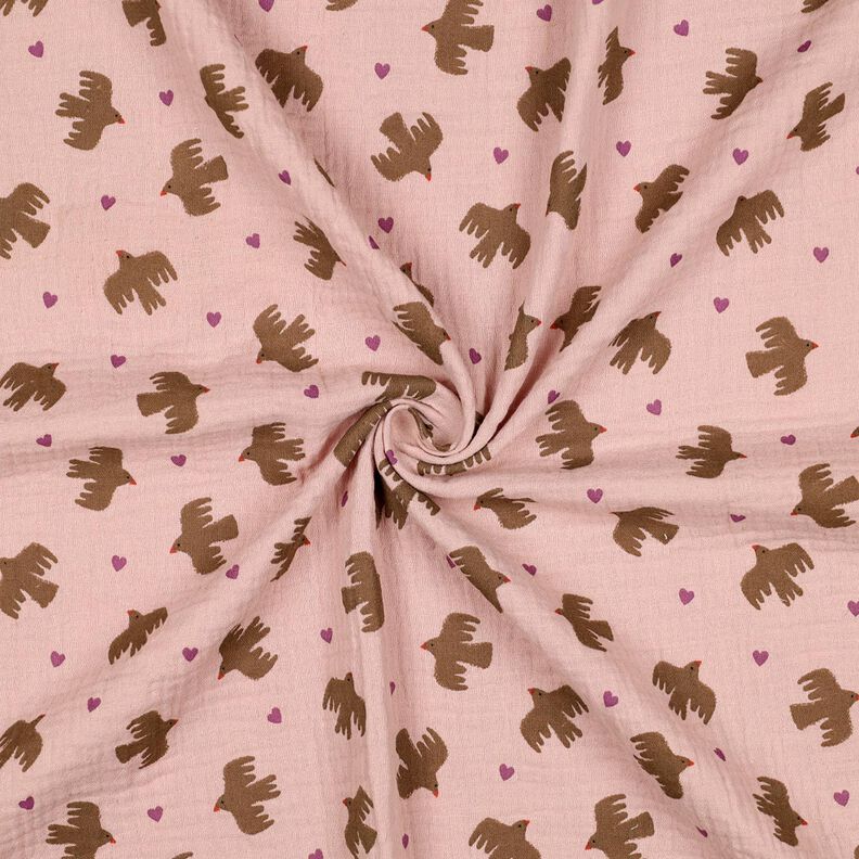 GOTS Mušelín / dvojitá mačkaná tkanina Ptáci a srdce | Poppy Fabrics – starorůžová, image number 4