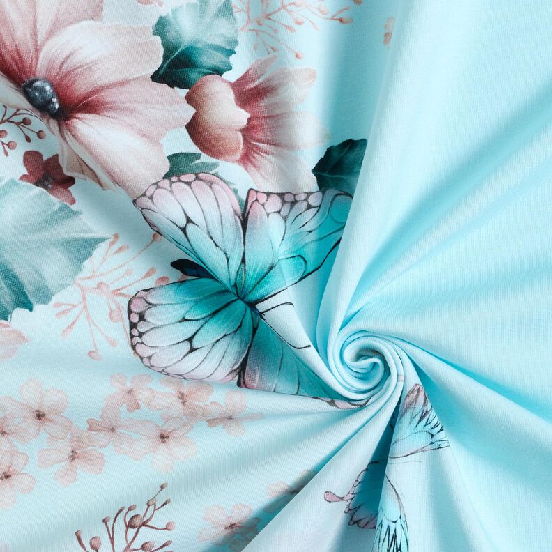 Bavlněný žerzej Motýlí louka | Glitzerpüppi  – světle tyrkysová/ledově modrá,  image number 3