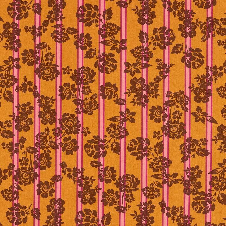 Bavlněná látka Kreton Květiny na proužcích – kari žlutá/purpurová,  image number 1