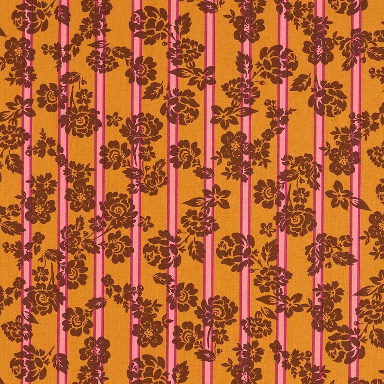 Bavlněná látka Kreton Květiny na proužcích – kari žlutá/purpurová, image number 1