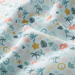 Bio bavlněný popelín Palmový svět – baby modra/světle mátová,  Bio bavlněný popelín Palmový svět – baby modra/světle mátová,