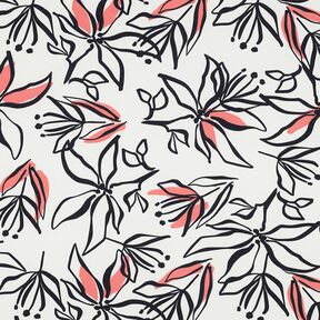 Lehká strečová tkanina s abstraktními liliemi – bílá/humrová,  Lehká strečová tkanina s abstraktními liliemi – bílá/humrová,