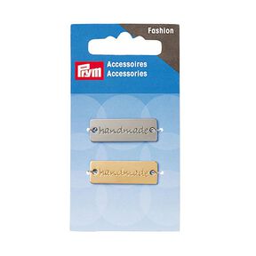 Placky s nápisem „handmade“ [ 3 x 1 cm ] | Prym – stříbrná kovový/zlatá, 