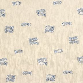 Mušelín / dvojitá mačkaná tkanina vyšívané ryby | Poppy Fabrics – vlněná bílá/královská modr, 