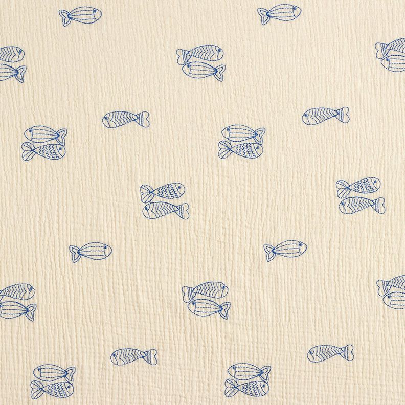 Mušelín / dvojitá mačkaná tkanina vyšívané ryby | Poppy Fabrics – vlněná bílá/královská modr,  image number 1