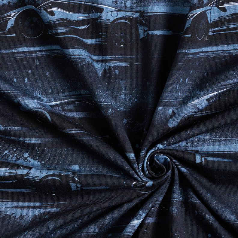 Bavlněný žerzej Závodní auto digitální potisk – černomodrá,  image number 3