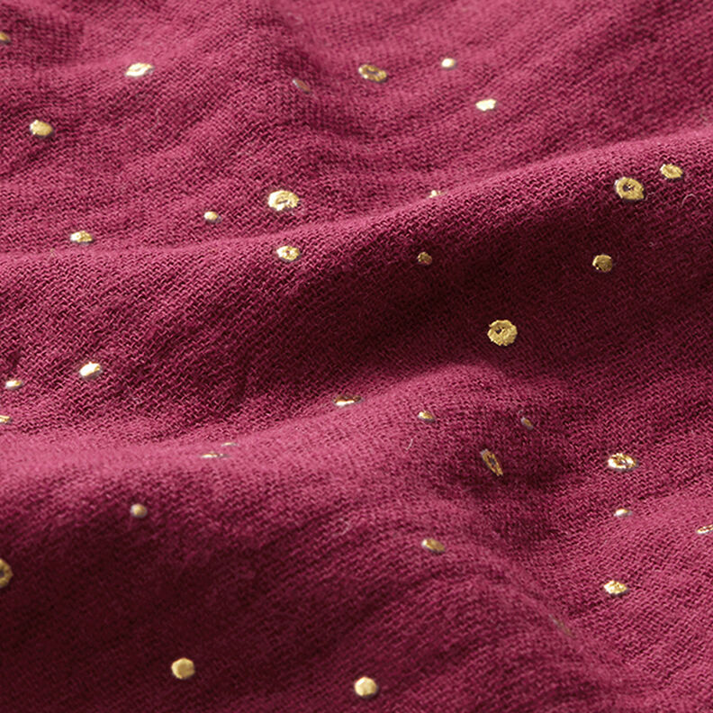Bavlněný mušelín Rozptýlené zlaté tečky – bordó/zlatá,  image number 2