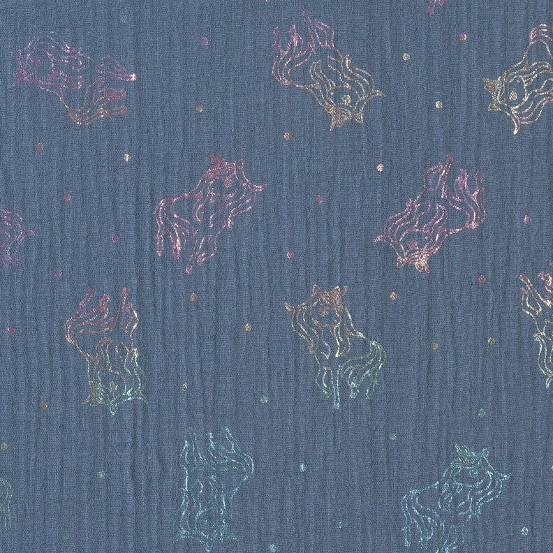 Mušelín / dvojitá mačkaná tkanina Jednorožci Fóliový potisk – modrošedá,  image number 7